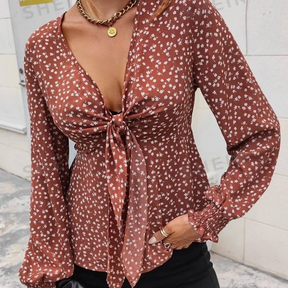 Floral Front-tie Blouse - Picture 1 of 5